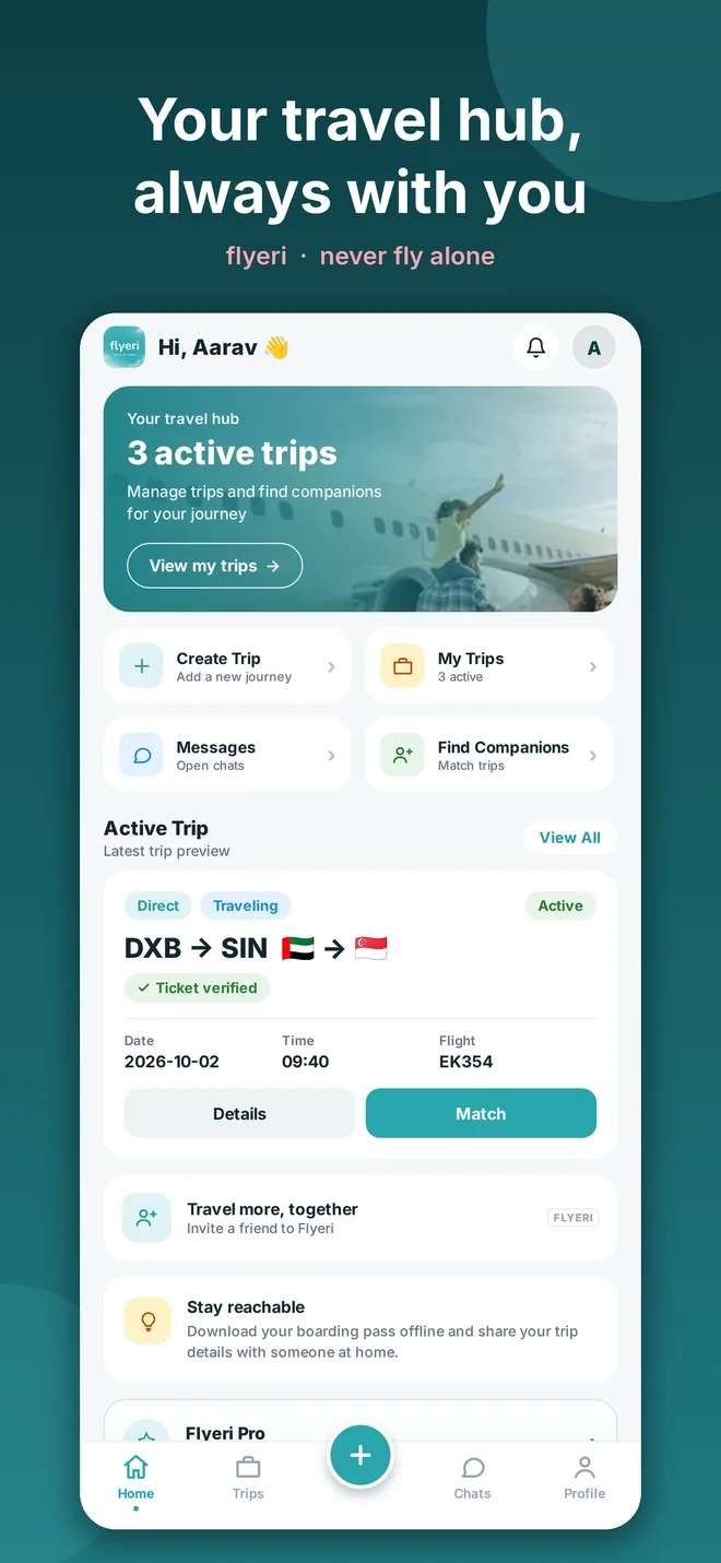 Flyeri home screen with trip-planning options