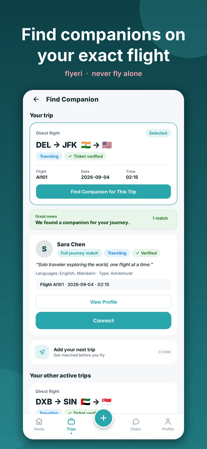 Flyeri companion matching screen
